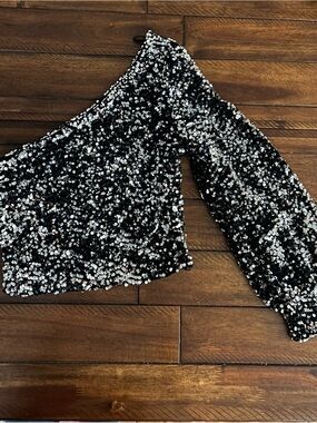 Shimmery Black and Silver Sequin One-Shoulder Top
